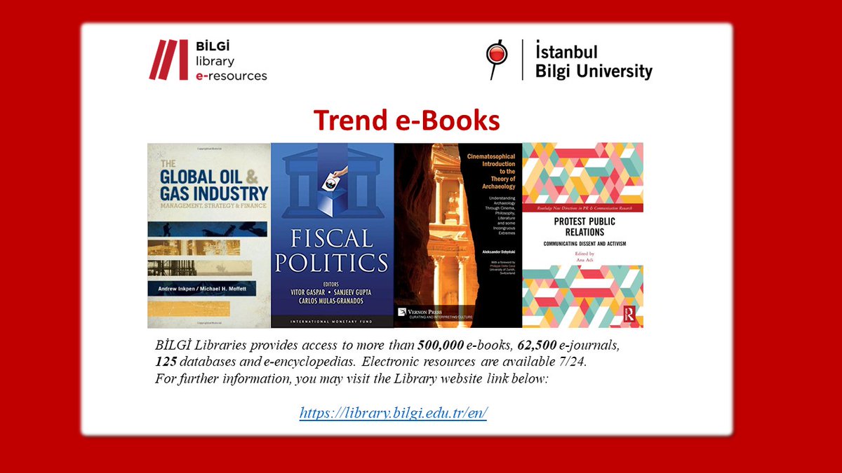 BILGI_Library's tweet photo. BİLGİ Libraries provides access to more than 500.000 e-books, 62.500 e-journals, 125 databases and e-encyclopedias. Electronic resources are available 7/24. 
For further information, you may visit the Library website:
https://t.co/89Mp5JnJBj 
@BiLGiOfficial https://t.co/H7LXd1ZMsp