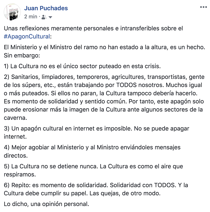Unas reflexiones meramente personales e intransferibles sobre el #ApagonCultural. Las inserto como imagen, que acabo antes: