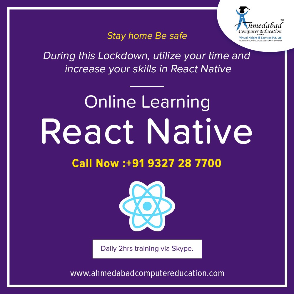 VirtualHeight's tweet image. During this Lockdown, utilize your time and increase your skills in React Native and React JS. Career-oriented Course. 100% Placement Assistance. Daily 2 Hours Training via Skype.
#reactnativeonlinetraining #reactJStraining #learning #online #skype #lockdown #stayhome #ahmedabad