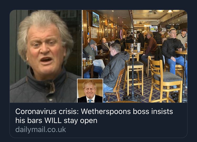 Theseevents are just a couple of examples.155,000 ppl went to Crufts (8/3)11,600 ppl ran the Bath half- “marathon (15/3)Pubs, restaurants, gyms & clubs were busy (until 20/3)SAGE’s  @neil_ferguson said: “Stopping large events has a marginal impact.”  #COVID19  #coronavirus