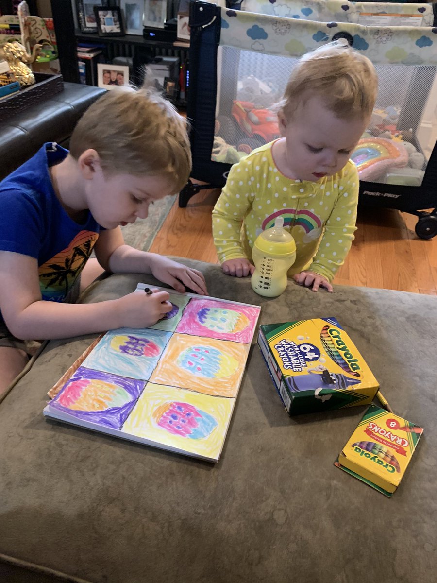 jhodgso1's tweet image. We’re already off to a better start on this last day of #distencelearning week 4.  Finn demonstrated what a chicken looks and sounds like with his class on zoom, while Piper helped Calder finish two of his art assignments: #warhol eggs and a kindness poster. #itsgoingtobeok. ❤️