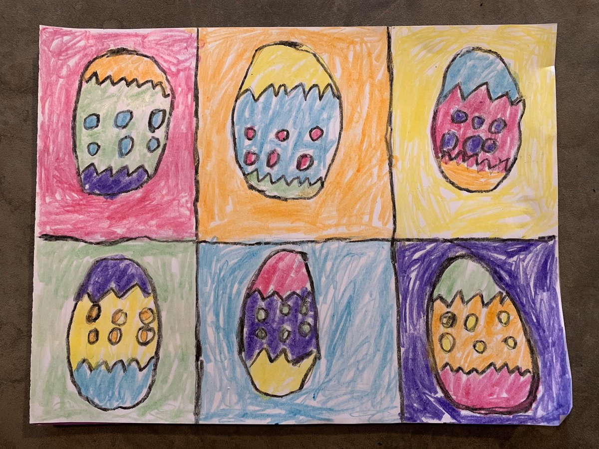 jhodgso1's tweet image. We’re already off to a better start on this last day of #distencelearning week 4.  Finn demonstrated what a chicken looks and sounds like with his class on zoom, while Piper helped Calder finish two of his art assignments: #warhol eggs and a kindness poster. #itsgoingtobeok. ❤️