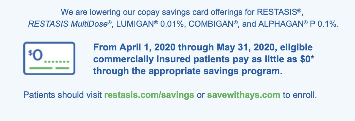 It can feel/be impossible to choose between paying for essential sight-saving meds and paying for food/rent. Thx @Allergan for stepping up their savings program during #COVID19. #Restasis #Lumigan #Combigan #Alphagan