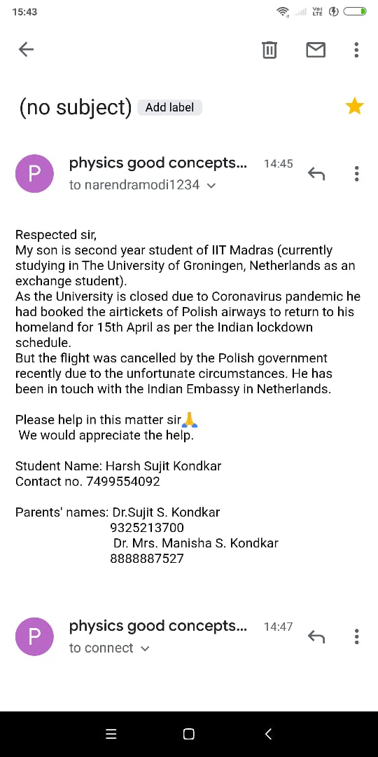 AabhaNemivant's tweet photo. @DrSJaishankar 
@PMOIndia 
@IndinNederlands 
@uddhavthackeray 
Sir, Harsh kondkar is an IIT Madras student who is trying to get back to India fm Netherlands, as his university is shut down.please help him get back to India. https://t.co/WR2ZTIZUc8