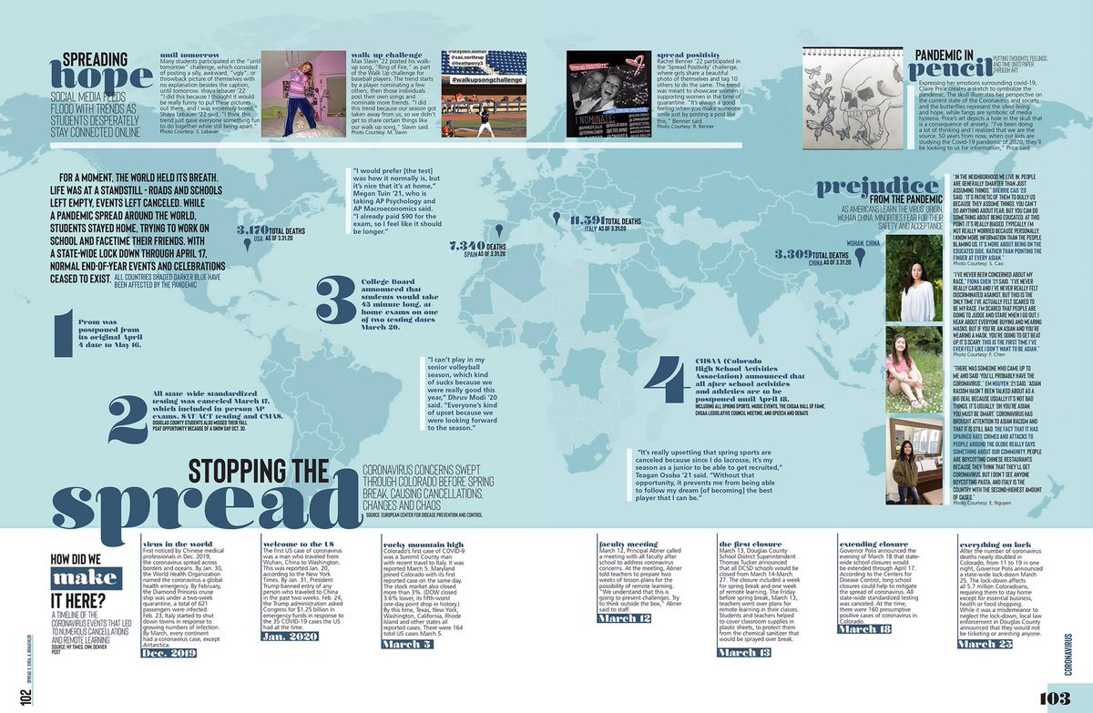 BalfourYB's tweet photo. The Student Press Law Center is recognizing yearbook staffs covering the coronavirus outbreak. Rock Canyon, East Central, Brenham &amp; Holy Trinity are some of the first featured. Share your spreads with them. https://t.co/orVFyRI8VD https://t.co/FG1pfVdca0