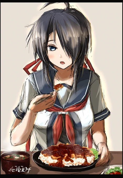 加古の「かつめし」食べて免疫力アップやでー 
#艦これ版深夜の真剣お絵描き60分一本勝負 
#艦これ版真剣お絵描き60分一本勝負_20200410  
#加古進水日 