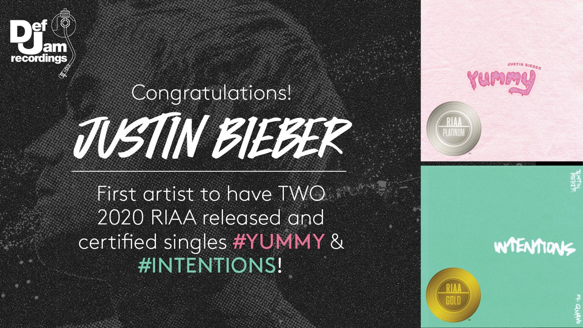 RIAA's tweet photo. Congratulations 👏 to @JustinBieber – the first artist to have TWO 2020 released and certified singles! #Yummy is Platinum💿  &amp; #Intentions feat. @QuavoStuntin is Gold📀! @DefJam  https://t.co/fNzf8mwGXr https://t.co/B8GJc9g82r