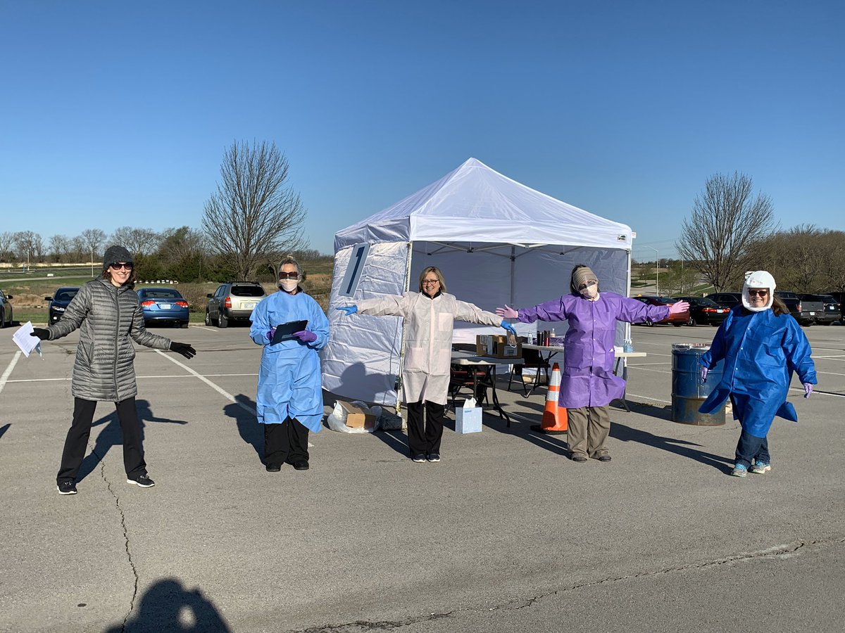 JOCOHealth's tweet photo. Ready to start testing Johnson County residents for COVID-19 at our first drive thru clinic. Thank you to the @OlathePolice for helping direct traffic this morning. https://t.co/gyvBJydJKX