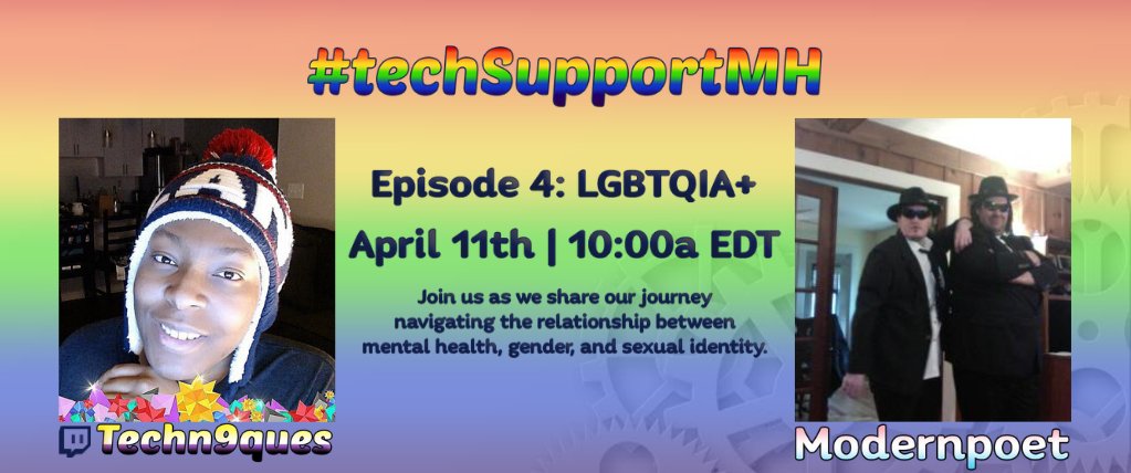 techn9ques's tweet photo. In less than 24 hours, @Modernpoet2 will be joining me on the 4th episode of #techSupportMH for an intimate one-on-one interview.
Together we'll be diving into where mental health and identity meet as members of the LGBT+ community!
Don't miss this! βοΈhttps://t.co/O4nJWRTqgRβοΈ https://t.co/2Ox26WKjb2