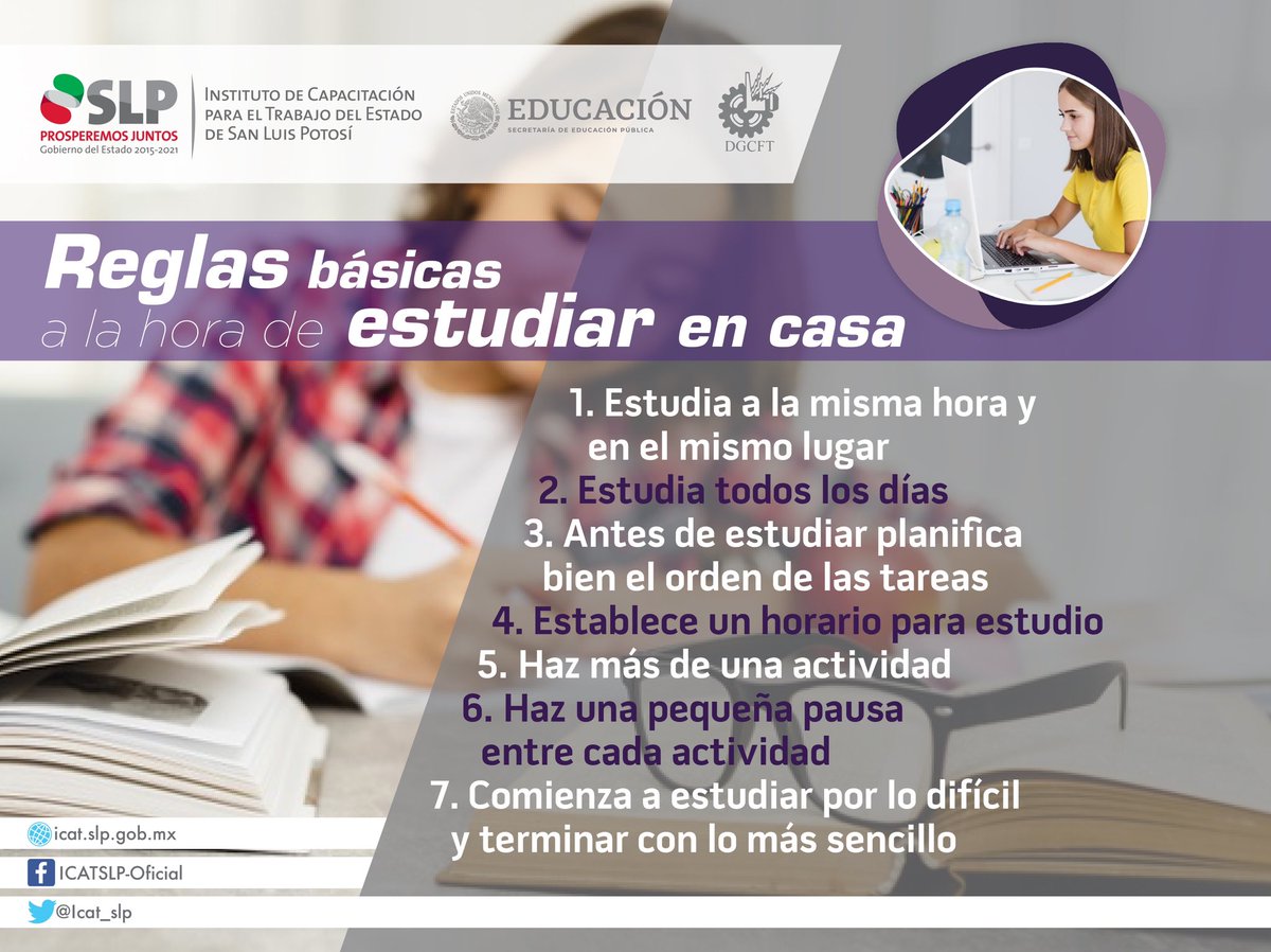 ICAT_SLP's tweet photo. Estudiar en casa puede volverse un poco difícil A la hora de llevarlo a cabo, te compartimos estas recomendaciones para hacerlo de la mejor manera.

#YoMeQuedoEnCasa 📝 https://t.co/e1srHHSFeK