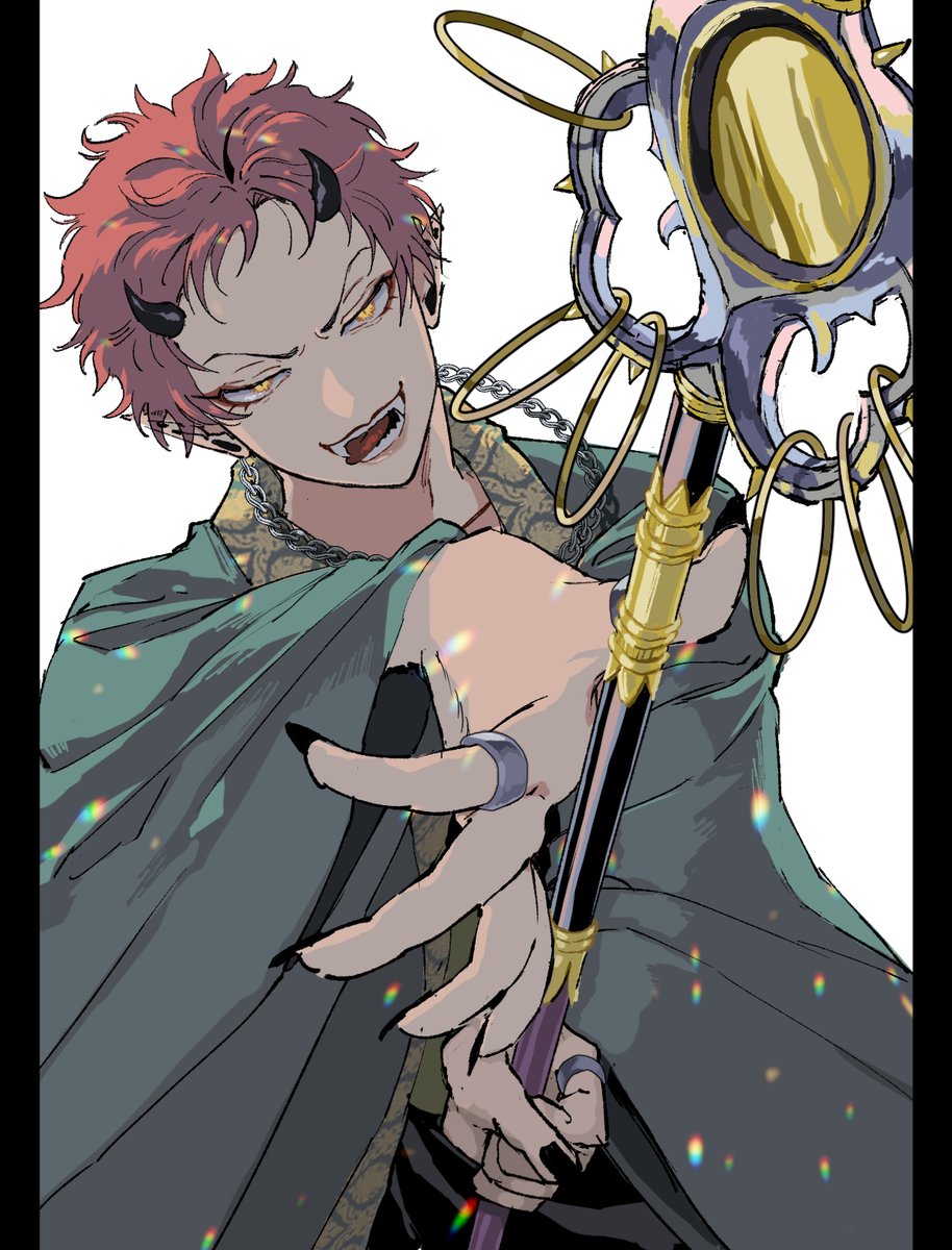 1boy male focus horns staff solo yellow eyes holding  illustration images