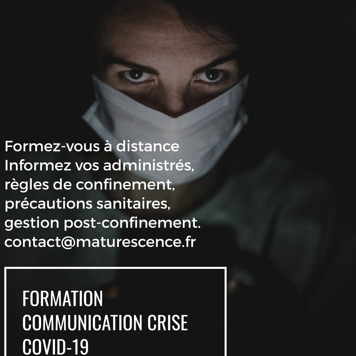 maturescence's tweet photo. Formez-vous à distance à la communication de crise, gestion du confinement et post-confinement dans la commune. Information aux administrés, rappel précautions sanitaires et gestes barrières, etc...
Écrivez-nous à contact@maturescence.fr pour plus d'info #compol #compublique https://t.co/6ng80SmjQZ