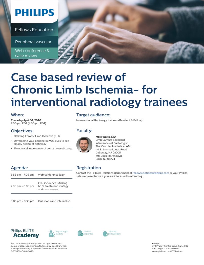 Watts_IR's tweet photo. IR residents, fellows, and IR-bound medical students- I know many of you are helping combat COVID in ways you never expected, but if you can, join me for a relaxed and informal CLI case conference 4/16 at 7pm.  Zoom bombing almost guaranteed! https://t.co/NtmttMCIKb https://t.co/ekUlx5m7wY