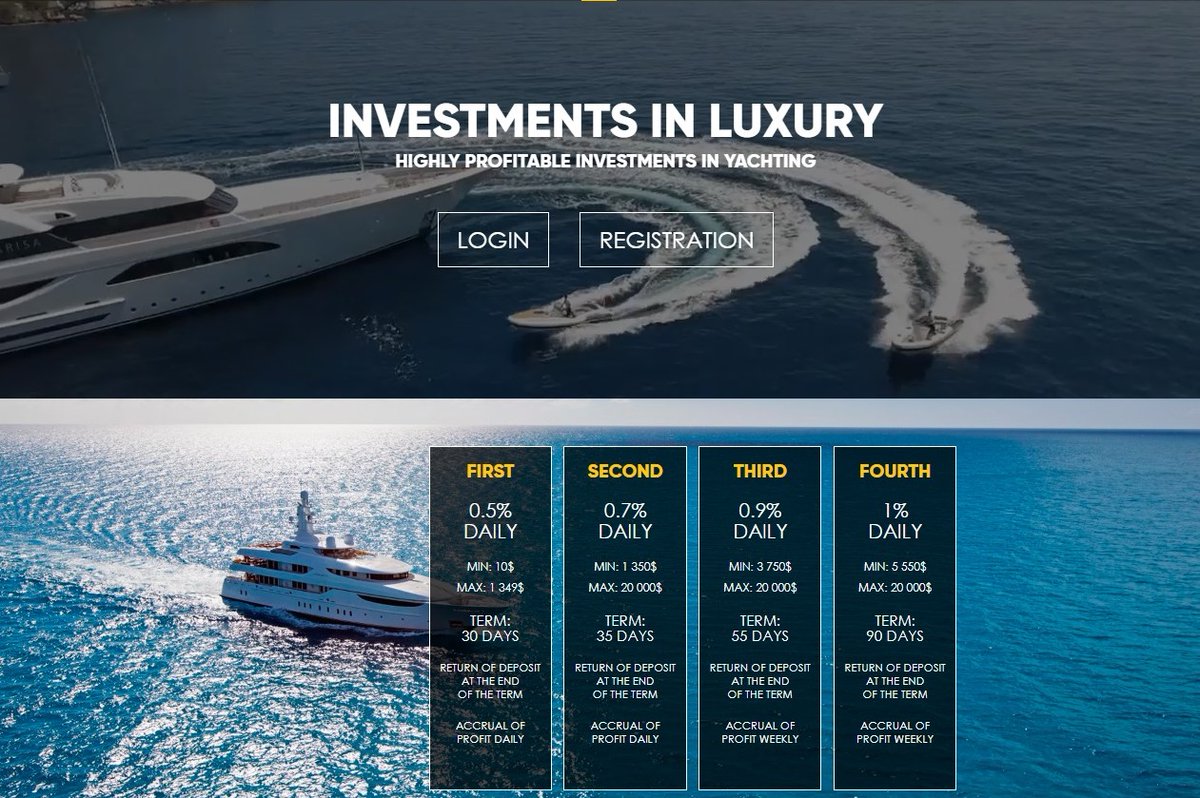 RealMonitoring's tweet image. 📢 YACHT COMPANY 📢

🚀Started - January 5, 2020.

💰 Investment plans: from 0.5% up to 1% daily, for 30-90 days (principal return)

🔒 Insurance: $100

💰 RCB up to 550%

💸 Invest 💸 - yacht-company.com/?r=6704

💰Order Refback💰 - real-monitoring.com/refback/lid/51/