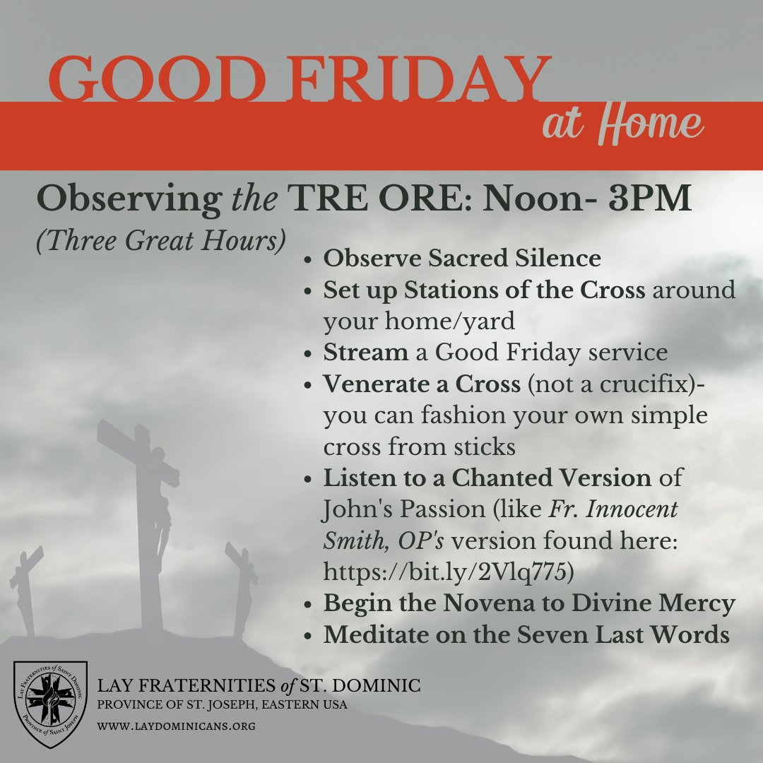 OPLaityEast's tweet photo. The "Tre Ore" are the three hours of agony which Jesus suffered on the cross. You can solemnly observe these hours anywhere, and may consider offering up this time of prayer especially for those suffering greatest from the pandemic. #oplaity #laydominicans https://t.co/hBrvxp5qkh