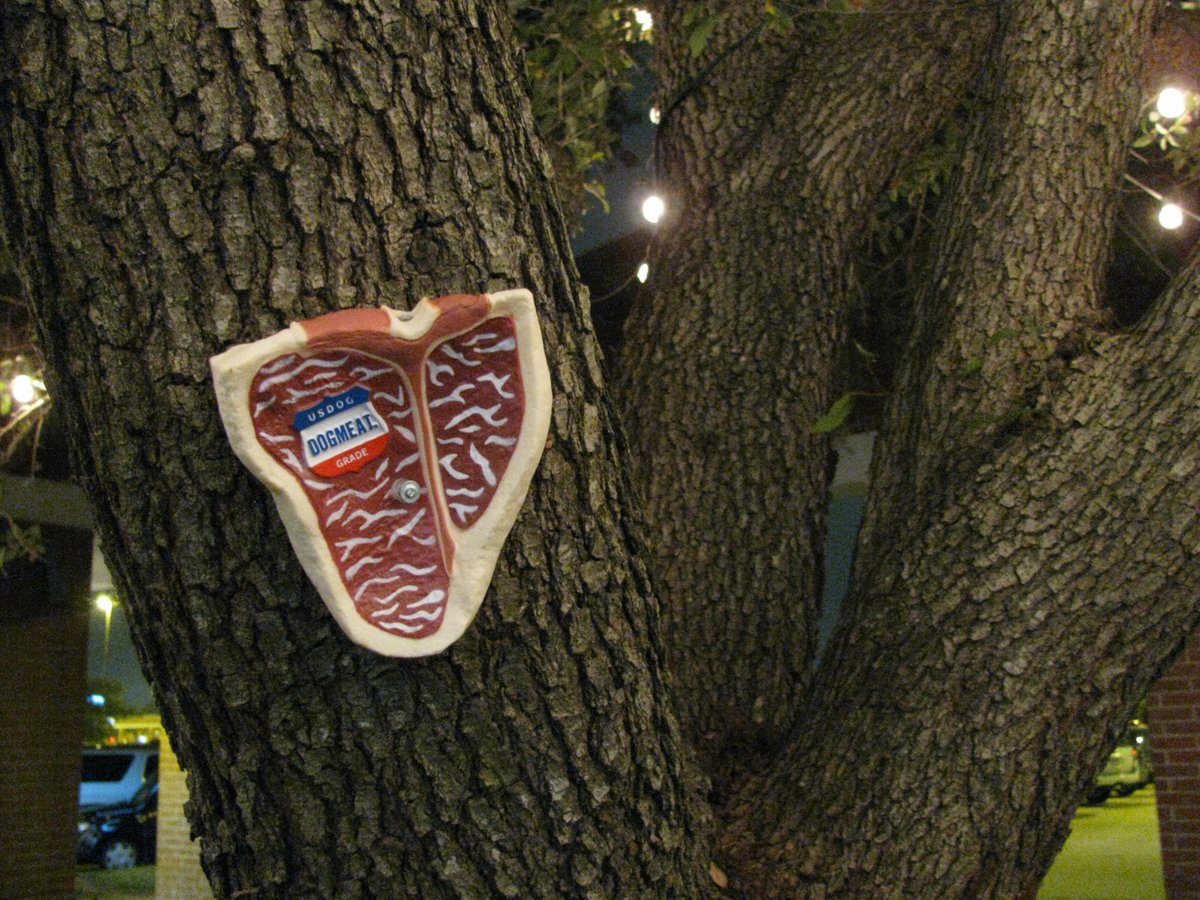 Of course I nailed some (fake) meat to our trees at the theater.