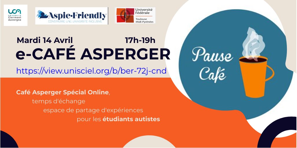 Aspie_Friendly's tweet image. #UNIVCOVID19, étudiant-e-s Aspie, venez mardi 14/04 à partir de 17h au e-Café Aspie pour échanger entre vous librement sur vos astuces et vos stratégies mises en place durant ce confinement : plus d'infos aspie-friendly.fr/cafe/
@Aspie_Friendly @Univ_Toulouse @UCAuvergne