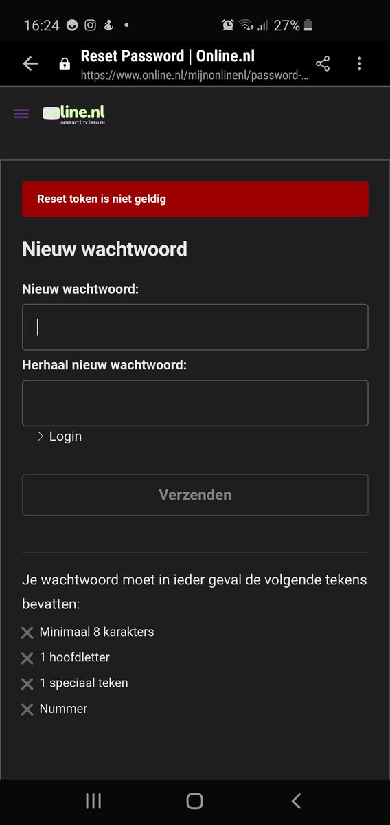 Aerialsmedia's tweet photo. @onlinepuntnl hoe kan ik mijn password resetten als ik steeds reset token is niet geldig krijg??? https://t.co/1u9Mw4Fy6E