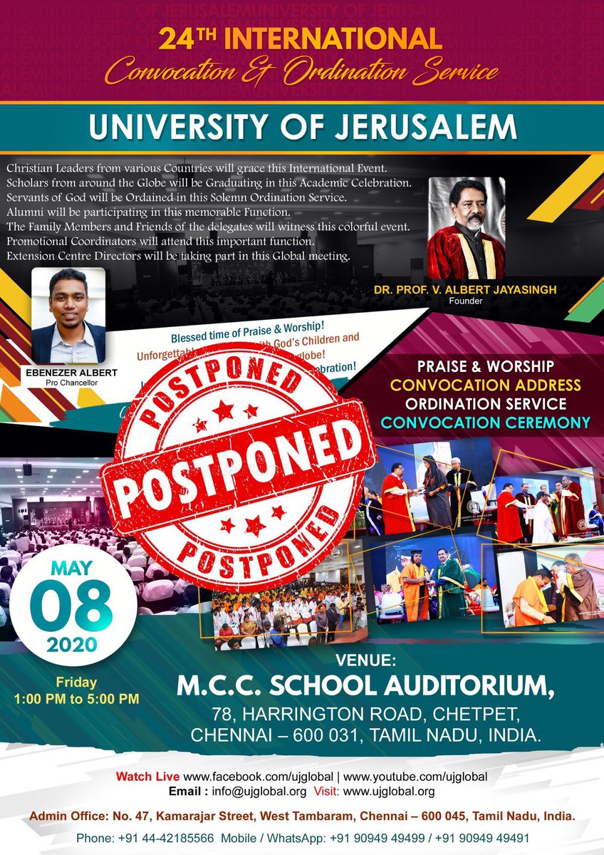 Dear Friends! Hope you’re safe at home. We are postponing the UJ’s 24th International Convocation and Ordination Service 2020, due to the present situation of COVID-19.
Date will be informed shortly. We are praying for you and for your family. Stay Home! Stay Safe! - UJ Team