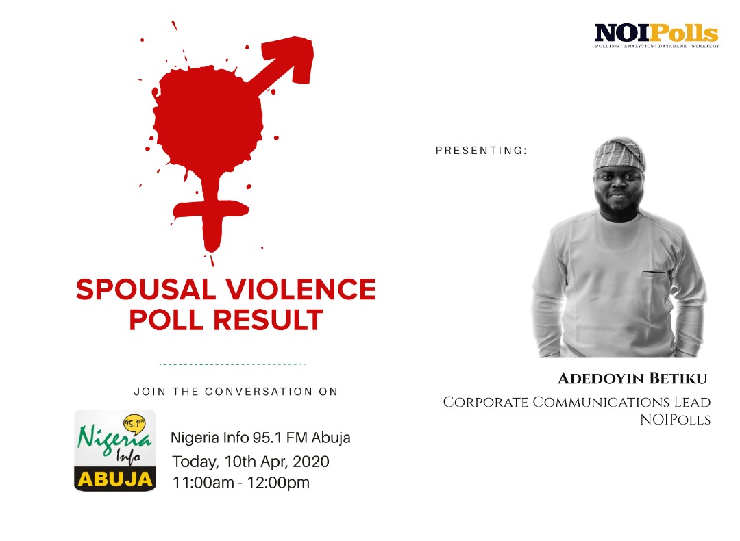  #HappyGoodFriday @adedoyinbetiku, NOIPolls comms lead is live on  @NigeriaInfoAbj now to shed more light on findings from our Domestic/Spousal Violence Poll.Tune in to 95.1 FM and don't miss a beat. You may also follow the conversation via our hashtag  #PollingFriday