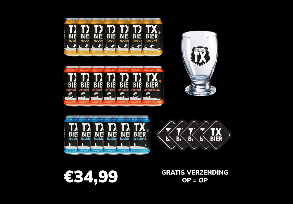 April Actie: Bestel nu online 20 TX Speciaalbier en krijg gratis extra’s zonder verzendkosten! webshop.brouwerijtx.nl #tx #bier #speciaalbier #texel