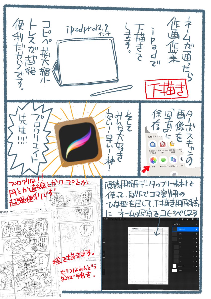 アナログペン入れ以外は在宅です。
だいたいこんな感じです。最後が詰め詰めになってるの笑うね。
字が汚くてすみません。誤字あったらごめんなさい。
Google drive先生はプロクリファイル対応してくれ〜。
 #漫画家テレワーク 