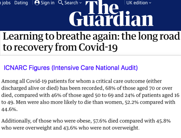 8/18And there was another disrupting effect. The Media initially set an expectation that only old people needed to worry about C-19. So when younger people and kids started dying that got blanket coverage. 68% of 70 and older pass away in UK Intensive Care