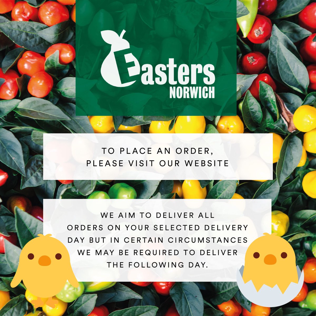 We will be delivering tomorrow (Easter Saturday)The next available delivery day after this will be Tuesday. Get your orders in now if you need your produce for Easter.     A big #HappyEaster to all of our wonderful customers. #homedelivery #StaySafe #Easter