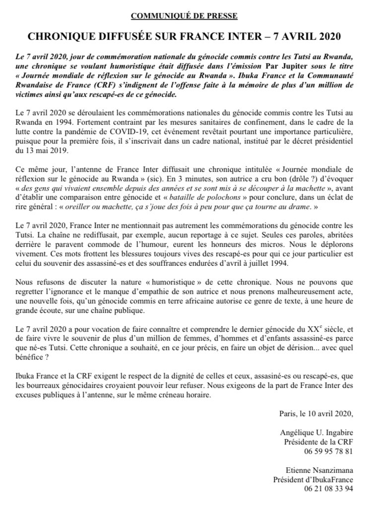 Ibuka France et la CRF exigent le respect de la dignité de celles et ceux, assasiné-es ou rescapé-es, que les bourreaux génocidaires croyaient pouvoir leur refuser. Nous exigeons de la part de .@franceinter des excuses publiques à l’antenne, sur le même créneau horaire. 👇🏽👇🏽