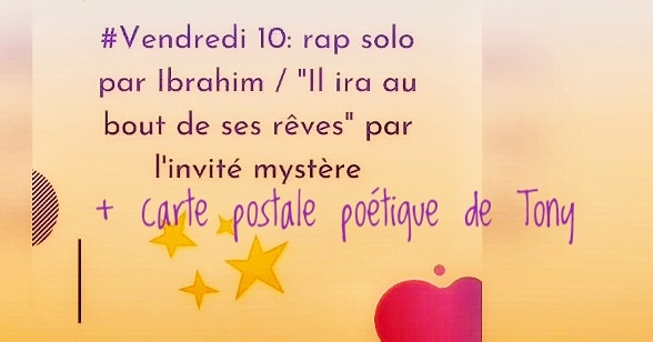 MediaJDB's tweet photo. En cette veille de vacances dernier jour de #FLAC ! Au programme un morceau composé par Ibrahim🎵 suivi d'une création vidéo musicale de JR. Enfin Tony nous invite à la rêverie et à la réflexion avec sa carte postale poétique.👍 https://t.co/9neZylTBrD