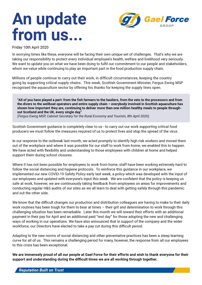 We want to update you on what we have been doing to fulfil our commitment to our people and stakeholders, whom we value while continuing to play an important part in the food production supply chain.