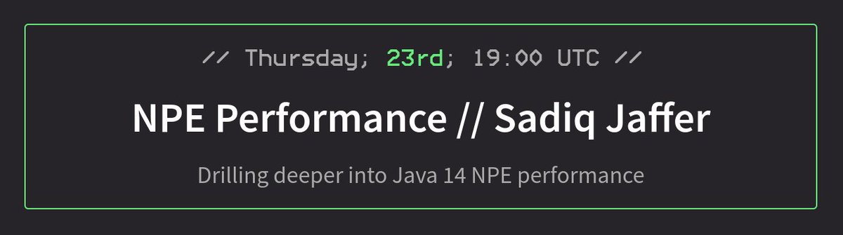 nipafx's tweet image. After a not very successful first stab at benchmarking NPE performance in #Java14, I got help for a second try:

On Thursday, 23rd, at 1900 UTC, Opsian&apos;s @sadiqj will join me on stream and together we&apos;ll dig into Java 14&apos;s most thrilling feature (who said &quot;records&quot;? 🤨).