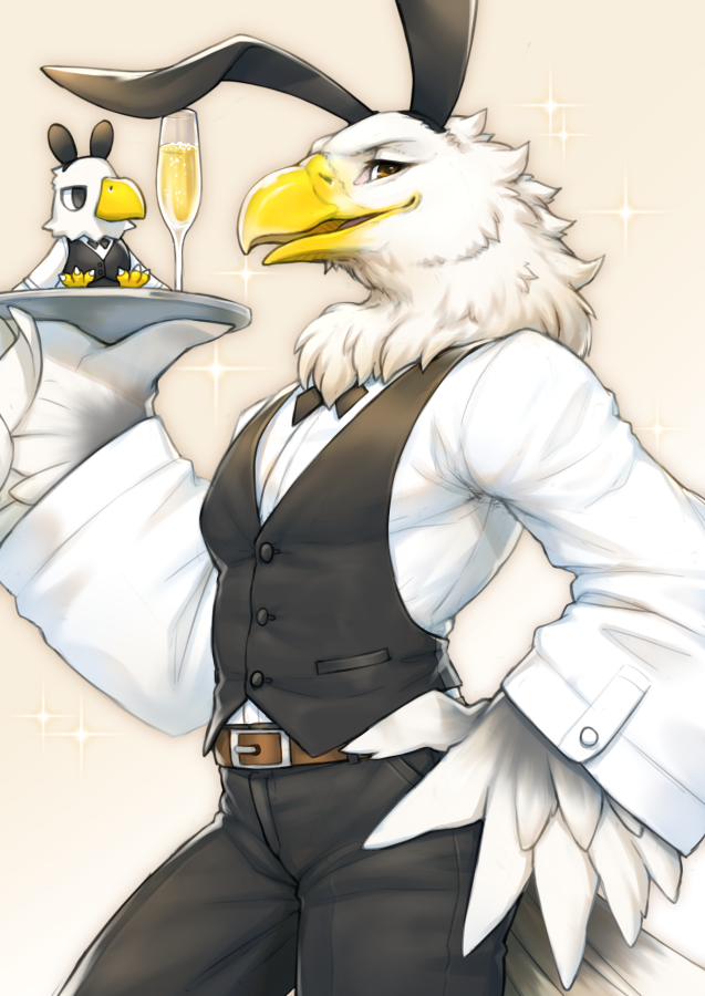 furry male male focus cup bowtie furry vest bird  illustration images