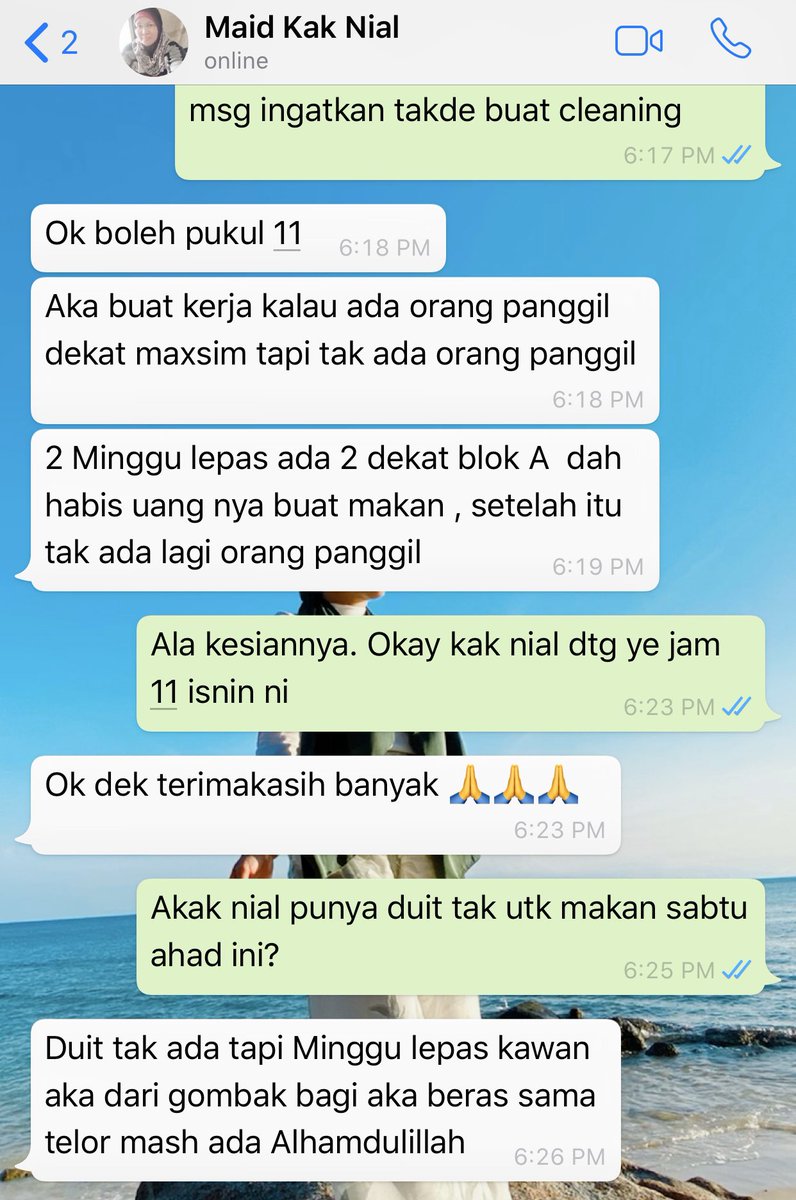 ZainatunAdilah's tweet photo. Maid msg tanya xnak kemas rumah ke. Walaupun hari2 masak, kemas rumah tp kena panggil dia sbb sedih dia msg mcm ni 🥺 Area Maxim Citylight kalau perlukan maid yg kerja x kira jam, cuci sampai bersih RM70 je boleh contact Kak Nial - 011-11825685 https://t.co/QQZkjBXQ2C