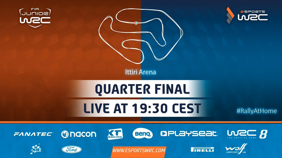 FIAJuniorWRC's tweet photo. Live 🔴 📺 on Facebook with the quarter finals at 19:30 CEST.
#eSportsWRC #WRC8 #RaceAtHome #RallyAtHome #WRC #JWRC #eSports https://t.co/OVAe08eVsR