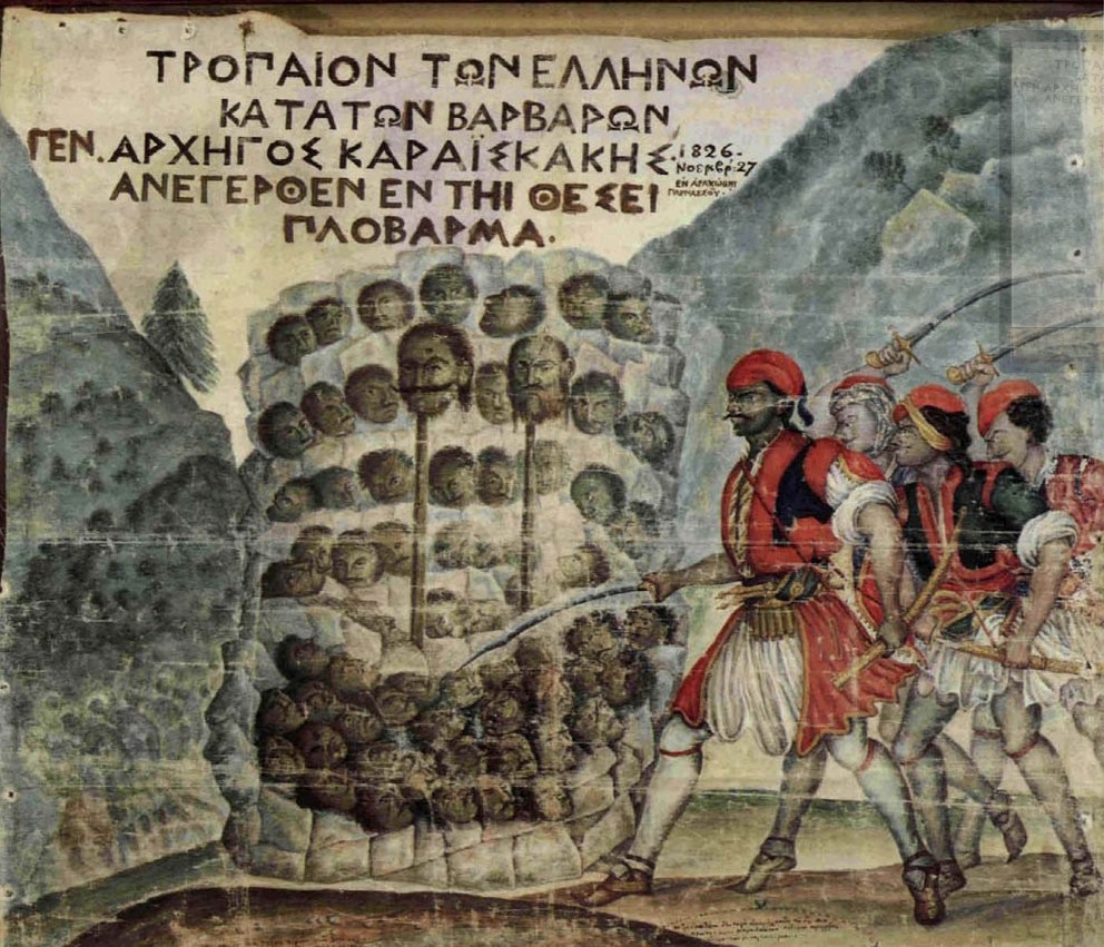 The revenge on Musta-bey & his 2,000 soldiers who caused the greatest losses of the garrison, few meters before their salvation came a few months later on 18-24 Nov 1826 when they were trapped in Arachova and almost entirely eliminated. An Ottoman-style head pyramid was also made