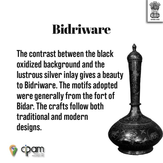 CIPAM_India's tweet photo. #KnowYourGI : आइये कर्नाटक के इस भौगोलिक उपदर्शन ‘बिद्रीवेयर’ के बारे में जानें कुछ खास बातें। #GisofIndia #WahGI #HumaraGI #LetstalkIP  (2/3) https://t.co/GUsP5aZMNH