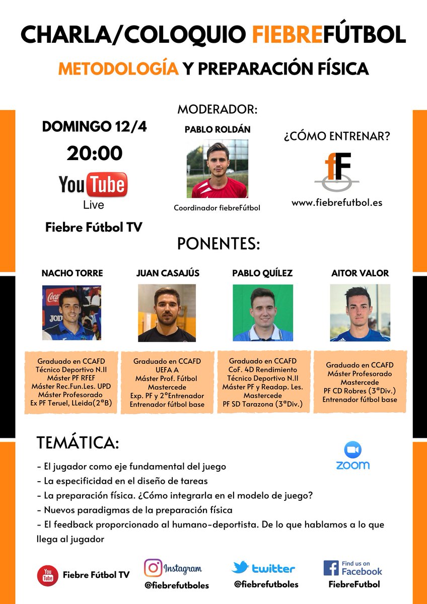 🗣️ CHARLA/COLOQUIO FIEBREFÚTBOL

➡️ Inauguramos la nueva sección "Cómo entrenar" con un coloquio entre 4 profesionales jóvenes, formados y con ilusión de trabajar en la élite

⏰ DOMINGO 20:00
📙 Metodología y Preparación Física

🎦EN DIRECTO en Youtube 
youtu.be/BjM9o3Rukz4