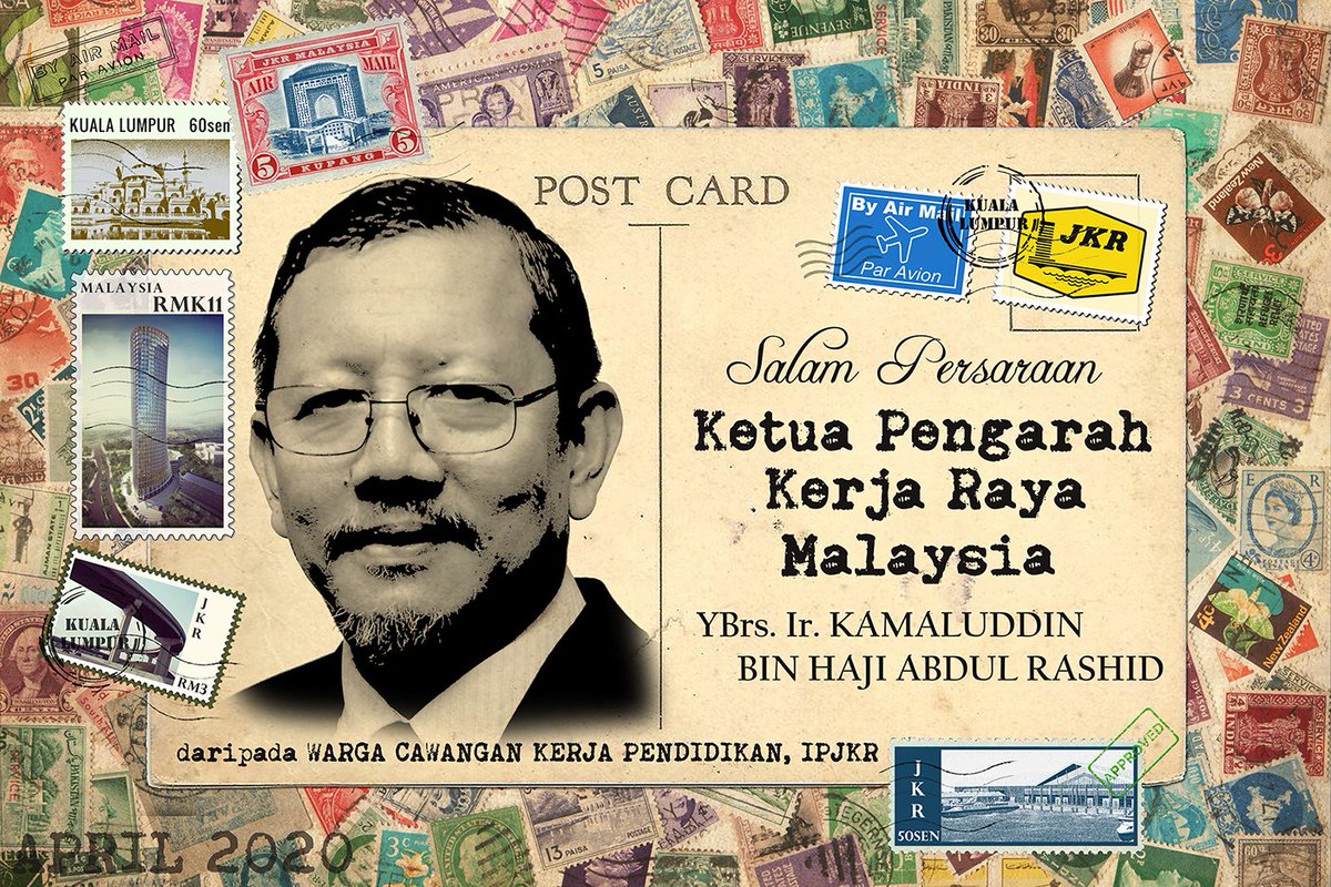 CKP_JKR's tweet photo. WARGA CAW. KERJA PENDIDIKAN mengucapkan 'SALAM PERSARAAN' kpd. YBrs. Ir. KAMALUDDIN BIN HAJI ABDUL RASHID, KETUA PENGARAH KERJA RAYA MALAYSIA yang akan menamatkan perkhidmatannya sebagai kakitangan awam pada 11/4/2020. @JKRMalaysia @arkamaluddin @razgrid1 @PngrhCKP https://t.co/r49qli2Ikz