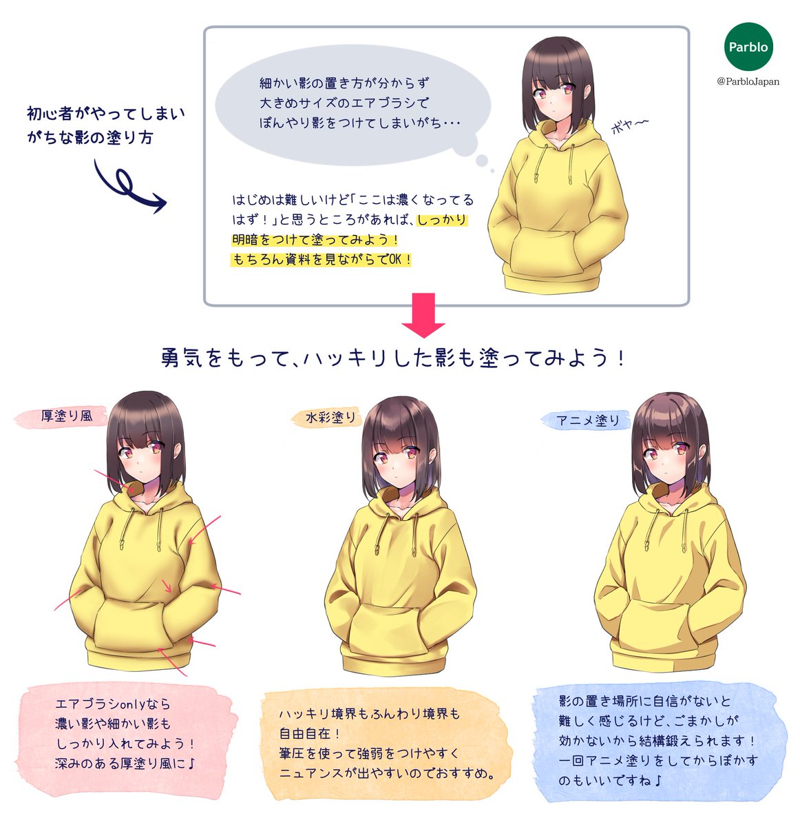 Parblo Japan V Twitter 昨日に続き 影のお話 線画まではぴっちり描けるけど 影をのせるのって難しいですよね とくに服のしわは複雑 でもなんとなくでボヤっと描くのは勿体ない 少し明暗を付けるだけでも結構違って見えるものなんです イラスト好きな人と