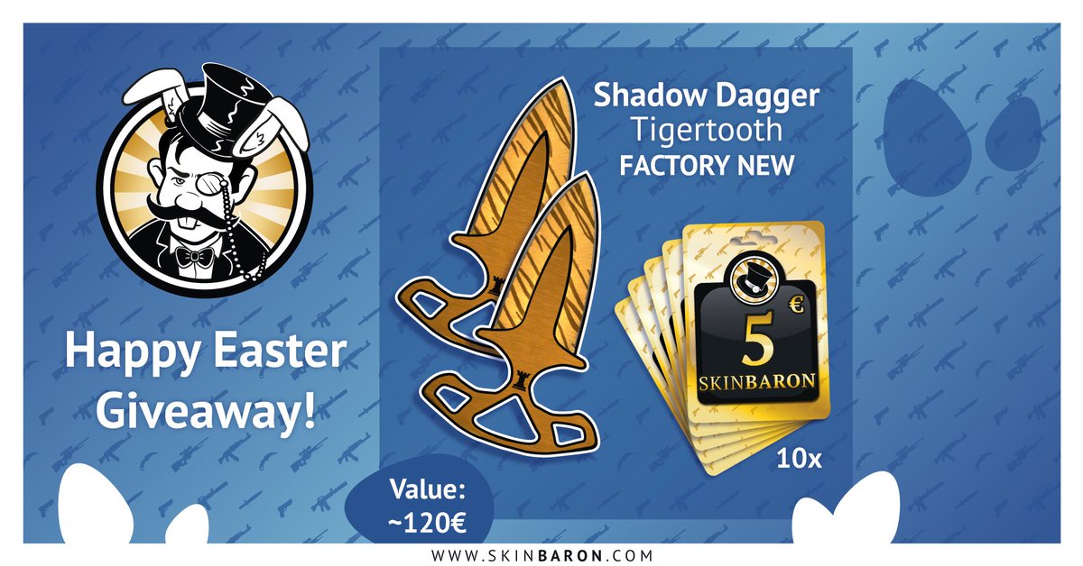 SkinBaronEN's tweet photo. Happy easter! 🐰 
Win Shadow Daggers | Tiger Tooth in FN and one of ten 5€ SkinBaron-voucher codes!

What you need to do:⁠
1. Follow us! (@SkinBaronEN)
2. Like!
3. Retweet!

Visit us on Facebook and Instagram to increase your winning chance. Competition ends on 14th April. https://t.co/ELdQHWyG8f