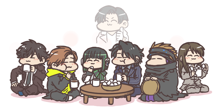 multiple boys eating brown hair cup chibi black hair sitting  illustration images