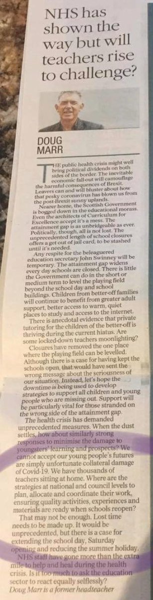 I don’t usually post my opinions on Twitter but this is vile. How on earth have the  @heraldscotland felt this was an appropriate article to publish? I have seen teaching staff rise to the challenge and then some during this. At a time like this we should be sticking together!