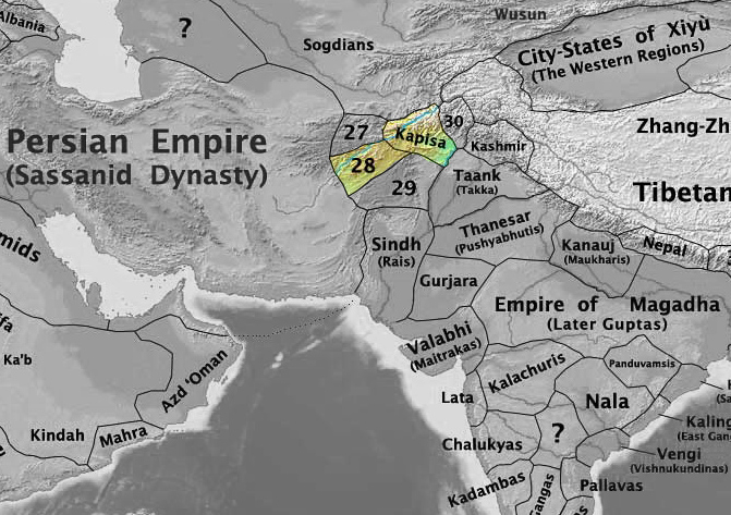 Map of the Nezak Huns in the Hindu Kush area, mainly in the modern regions of Ghazni/Kabul/Kapisa.They were the last of the four major "Hunic" states known collectively as Xionites. Their predecessors were, in chronological order, the Kidarites, the Hephthalites, and the Alchon