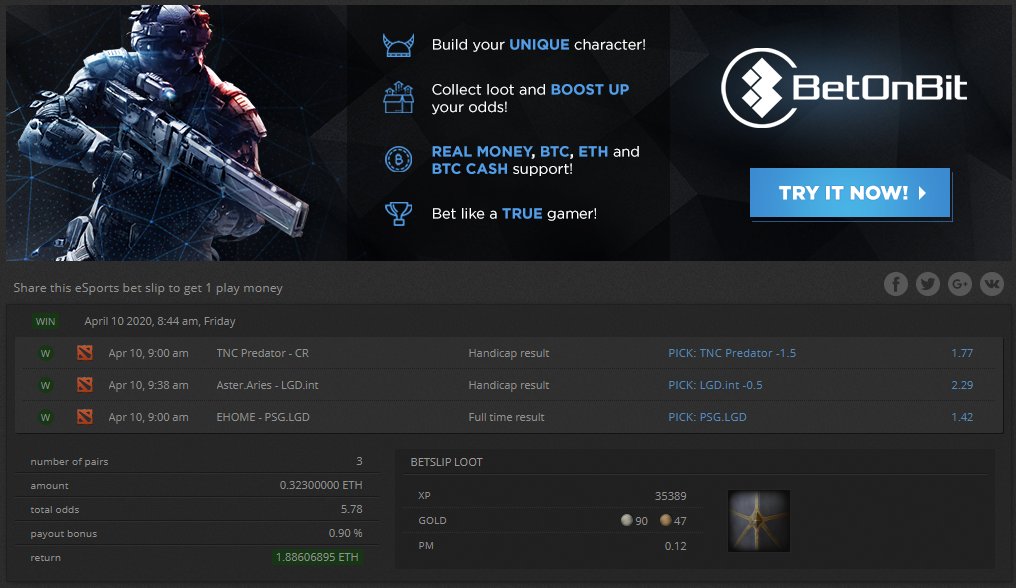 Congratulations to one of our users!

Nice 3 combo #Dota2 bet with a 1.886 ETH return 👏👏👏

#BetOnBit