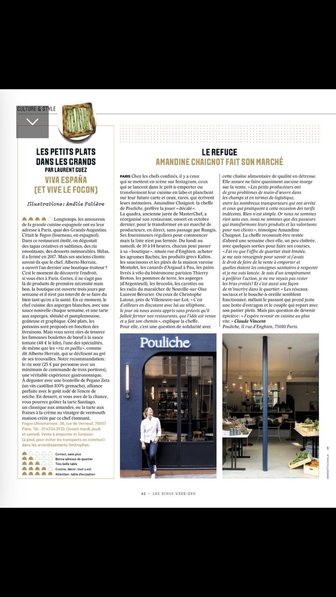 lguez's tweet photo. Ma chronique restau dans ⁦@LesEchosWeekEnd⁩, version confinée : le formidable traiteur Fogon Ultramarinos à Paris, du chef Alberto Herraiz. Il est ouvert trois jours par semaine, profitez-en ! ⁦@LesEchos⁩ ⁦@AgnesBroc⁩ ⁦@m_bendavid⁩ https://t.co/KiNe2QmtQG