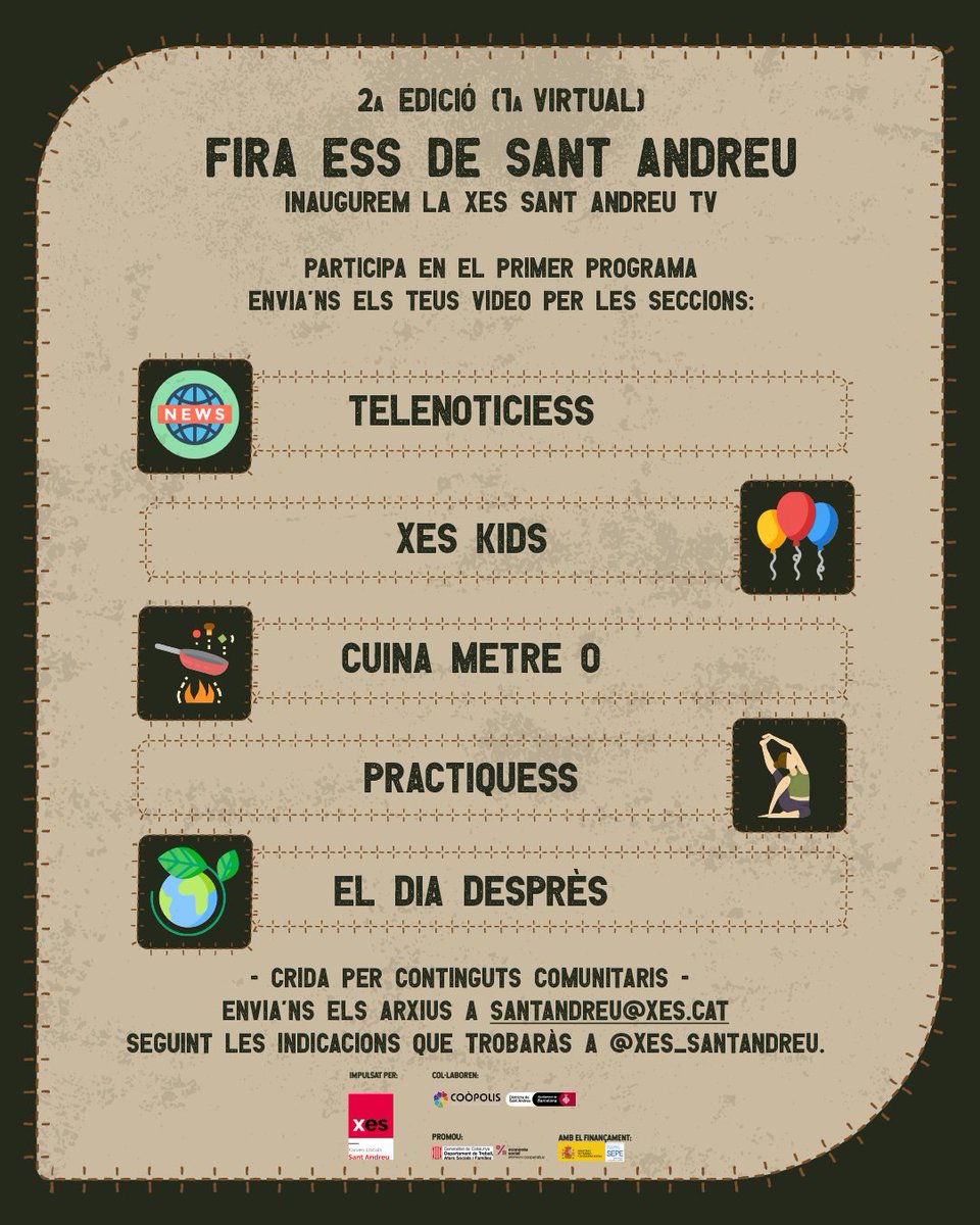 Ens sumem a l'apagada de consum cultural organitzant amb la <a href="/XES_SantAndreu/">XES Sant Andreu</a> una crida de continguts confinats !! Aquests dies creem enlloc de consumir !!

#ApagonCultural #CulturaEnVaga
 
<a href="/XES_cat/">Xarxa d'Economia Solidària de Catalunya</a> <a href="/escoladerockedu/">Escola de Rock</a> <a href="/Sindicat_SMAC/">Sindicat de Músics Activistes de Catalunya · SMAC!</a>
 <a href="/coopolis_bcn/">Coòpolis Barcelona</a> <a href="/Cultura_Coop/">CulturaCoop</a> <a href="/BCN_SantAndreu/">BCN_SantAndreu</a>