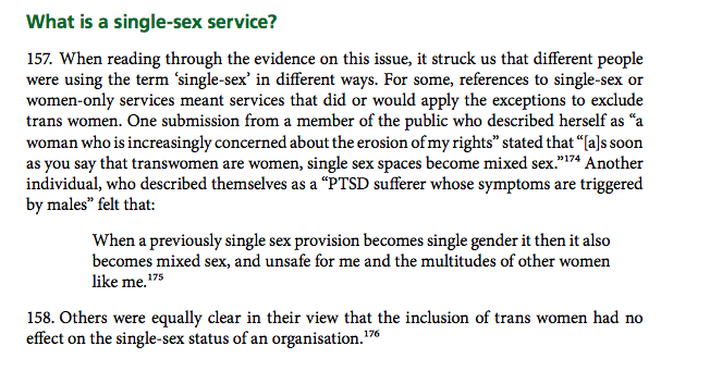 10 years old and still there is ambiguity about what one of the protected characteristics -- sex -- means. And about whether single and separate sex service can be clearly single sex. As the  @Commonswomequ report said 'different people use the term in different ways'