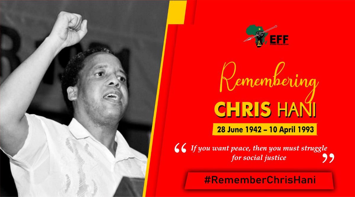 EFFSouthAfrica's tweet photo. The EFF marks the 27th Anniversary since the assassination of iconic revolutionary and struggle stalwart, Chris Thembisile Hani.

Long live the undying spirit of Chris Hani, long live. https://t.co/KubPEWtX0G