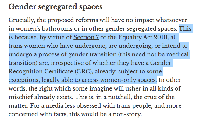 Some people (such as Prof  @AlexSharpe64) argue that s 7 of the Act gives a right to people who so much as intend to undergo a process of 'gender transition' (not necessarily involving any medical treatment) to use services shared with members of the opposite sex.